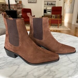 Zara Brown Suede Pointed Toe Chelsea Ankle Boots EU 37 US 6.5 Block Heel